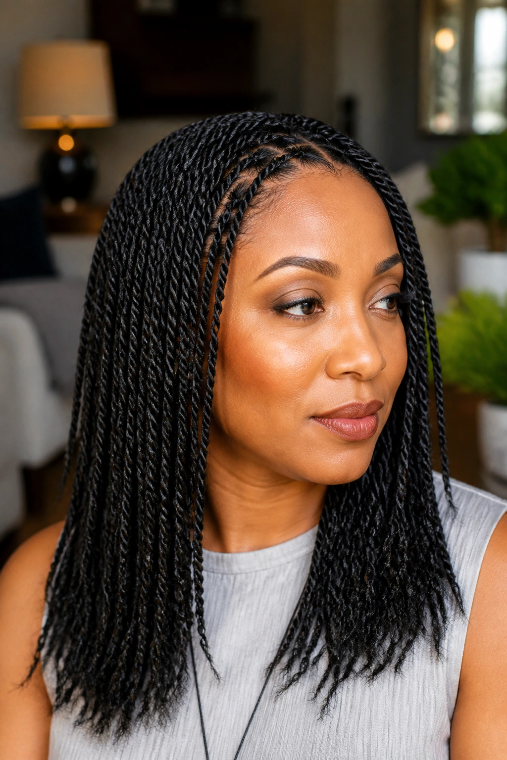 Close-up of a real woman with mini twists filling the frame.