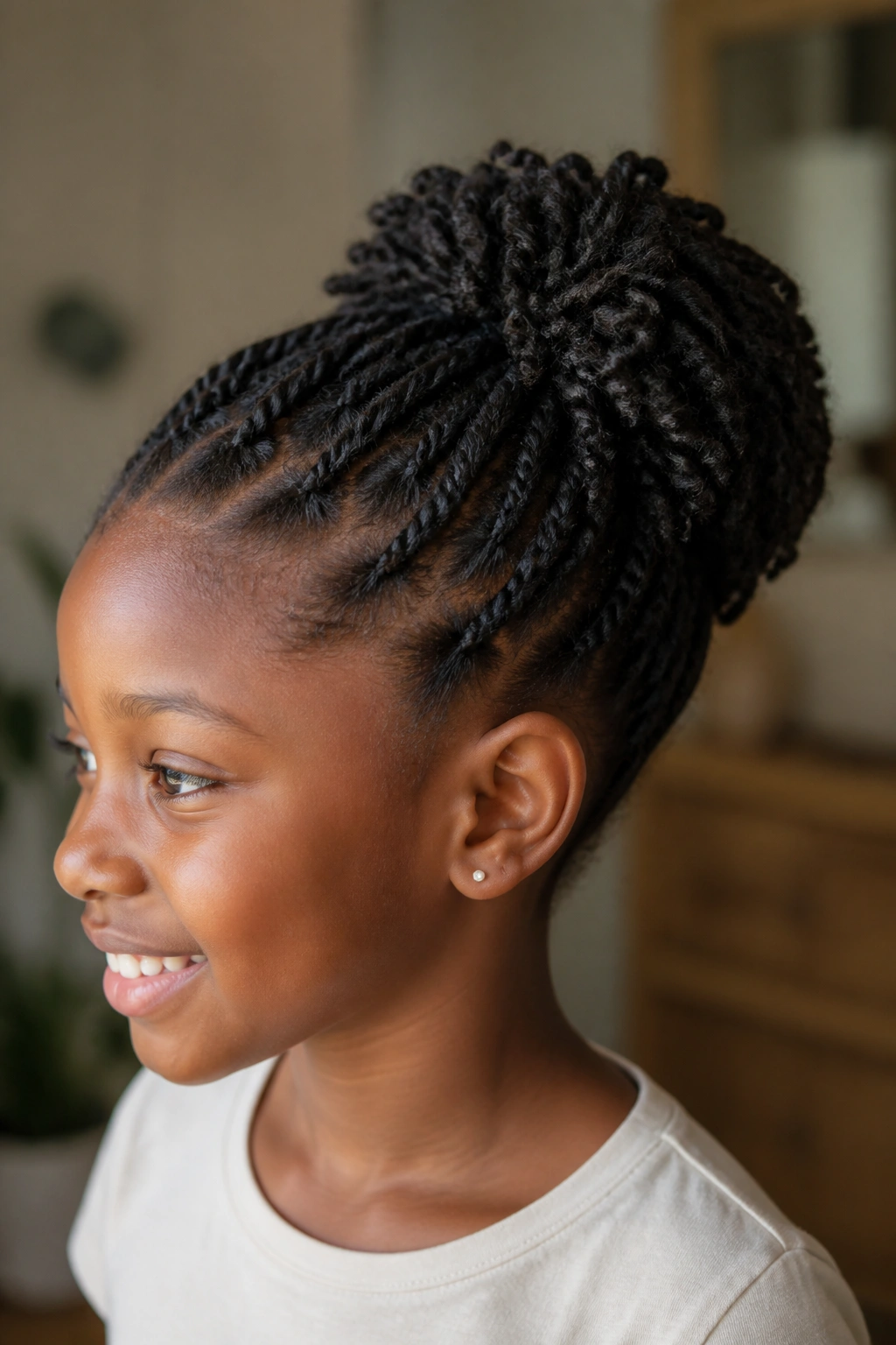 Close-up of a child with mini twists gathered into a puff at the back