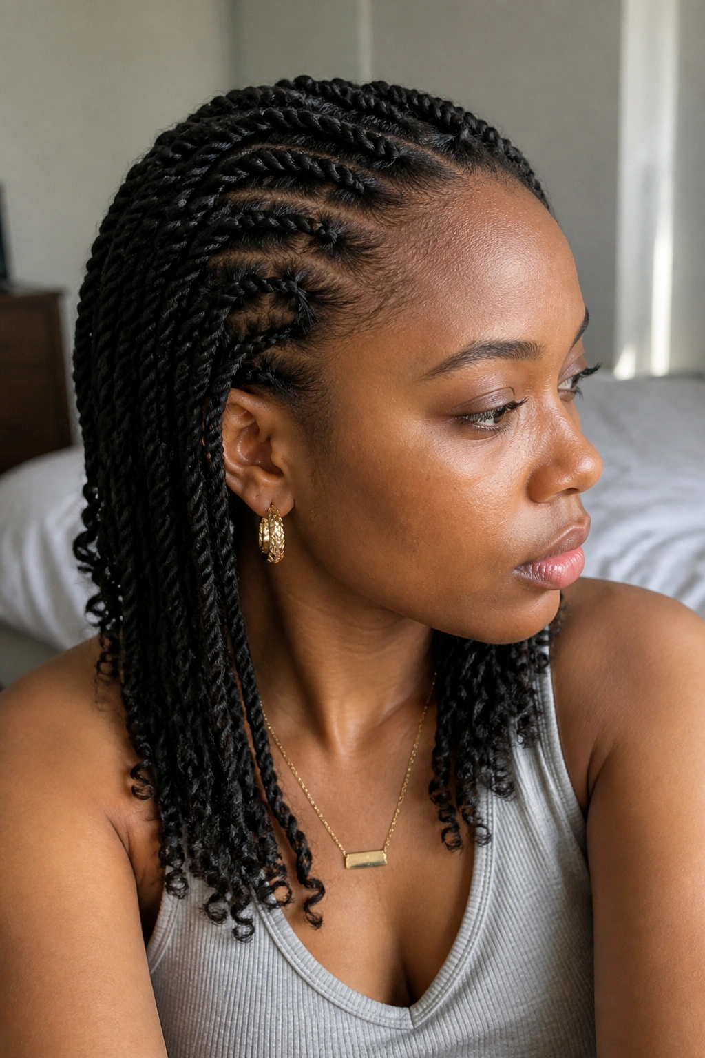 Close-up of a real person with mini twists showing rope texture