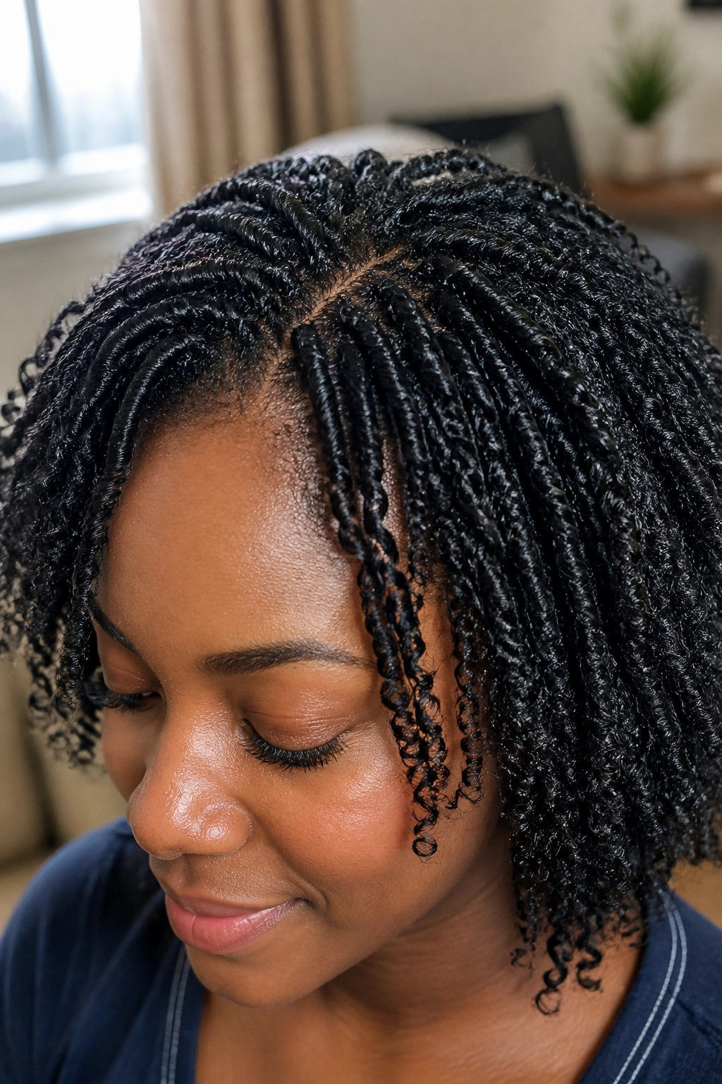 Close-up of a real woman with mini twists showing sharp definition in daylight.
