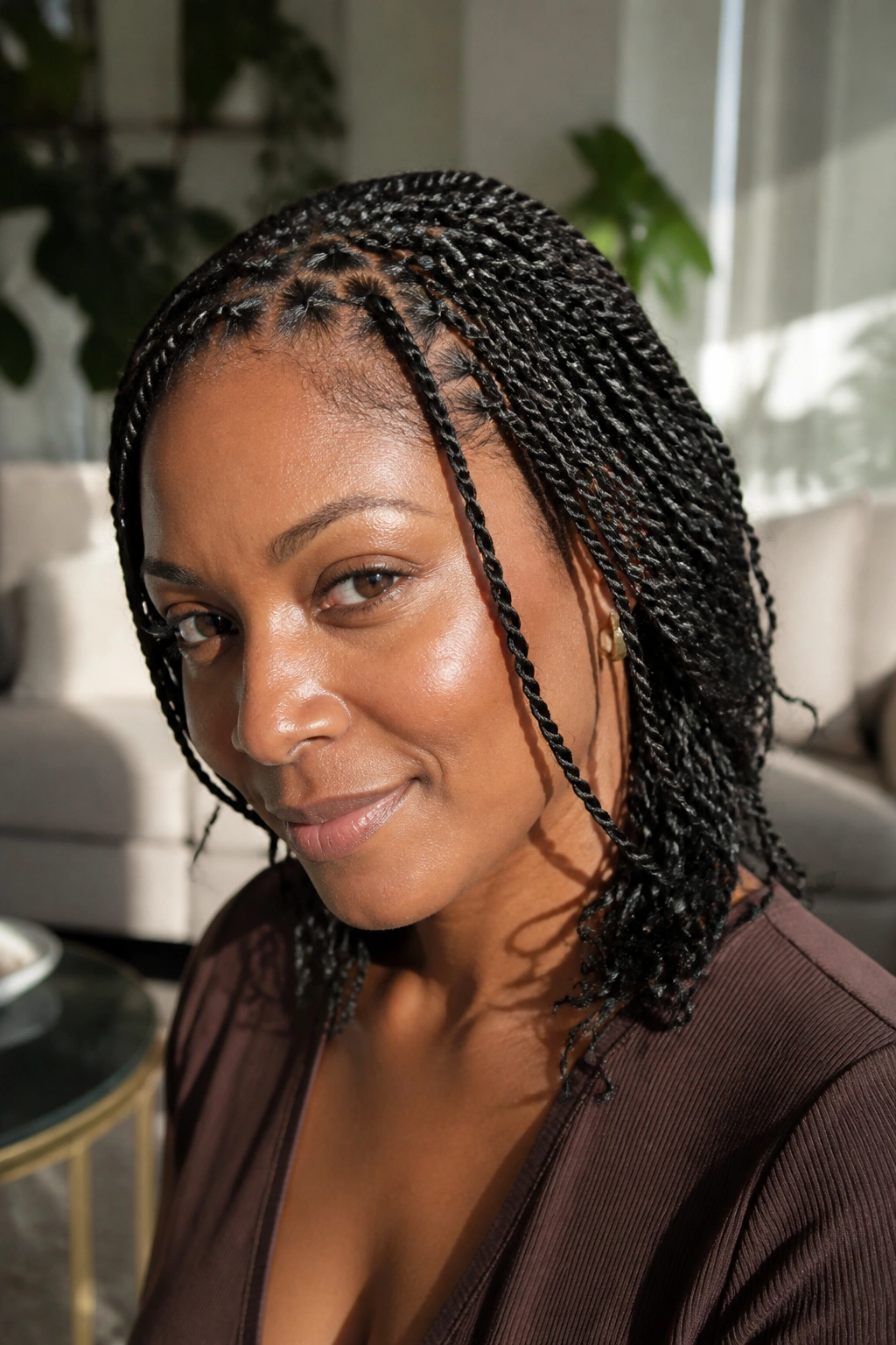 Close-up of a real person with numerous mini twists showing texture