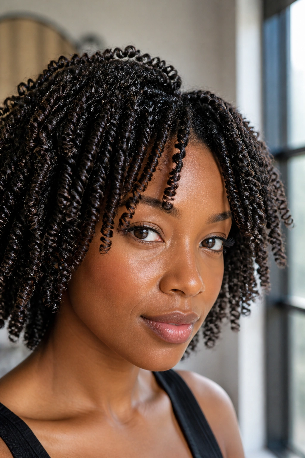 Close-up of a real woman with mini twists and tight definition