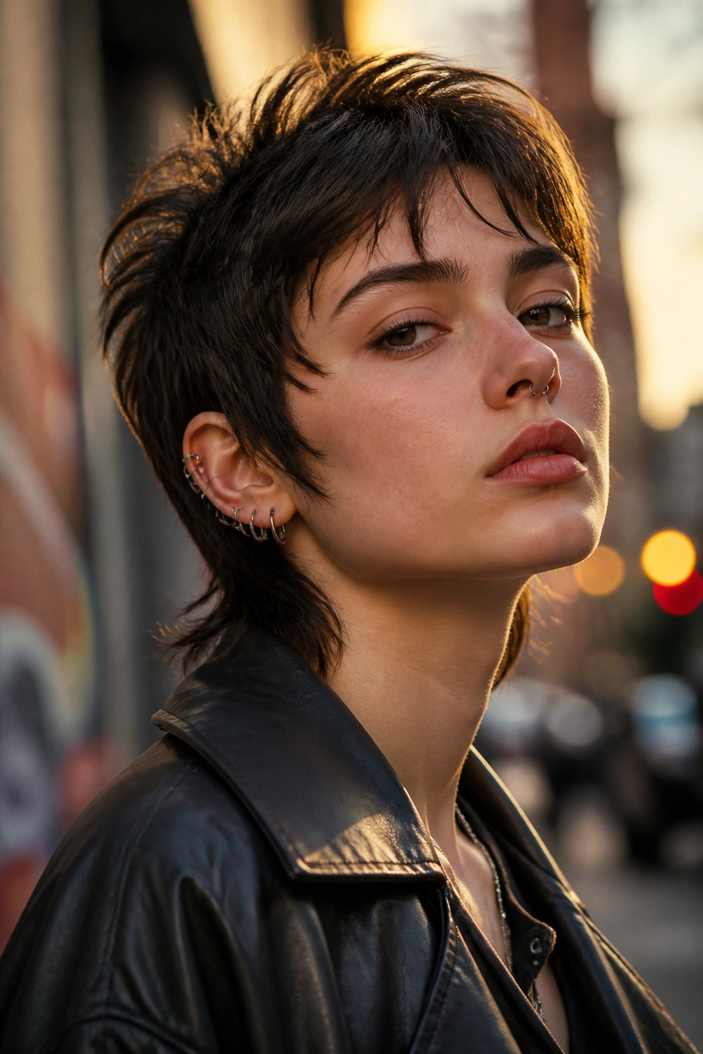 Close-up of a real person with a mini wolf cut and feathery layers