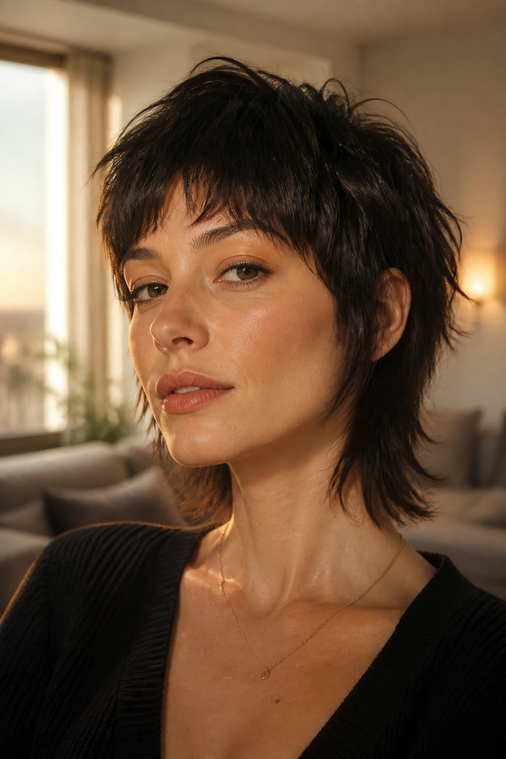 Close-up portrait of a real person with a mini wolf cut featuring a cropped crown and short front layers