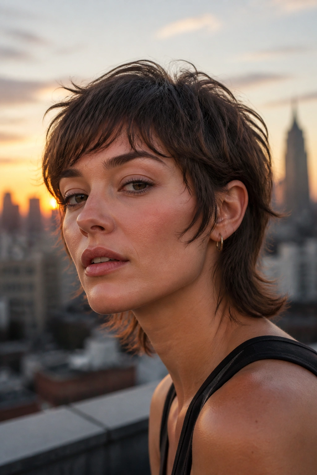 Close-up of a real woman with a mini wolf cut on a rooftop at sunset