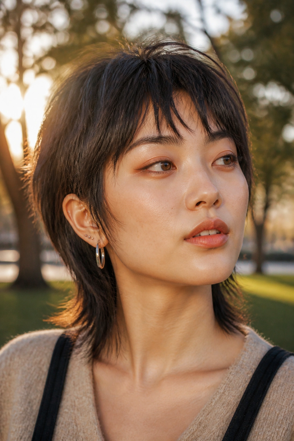 Close-up of a real woman with a mini wolf cut in golden hour light.