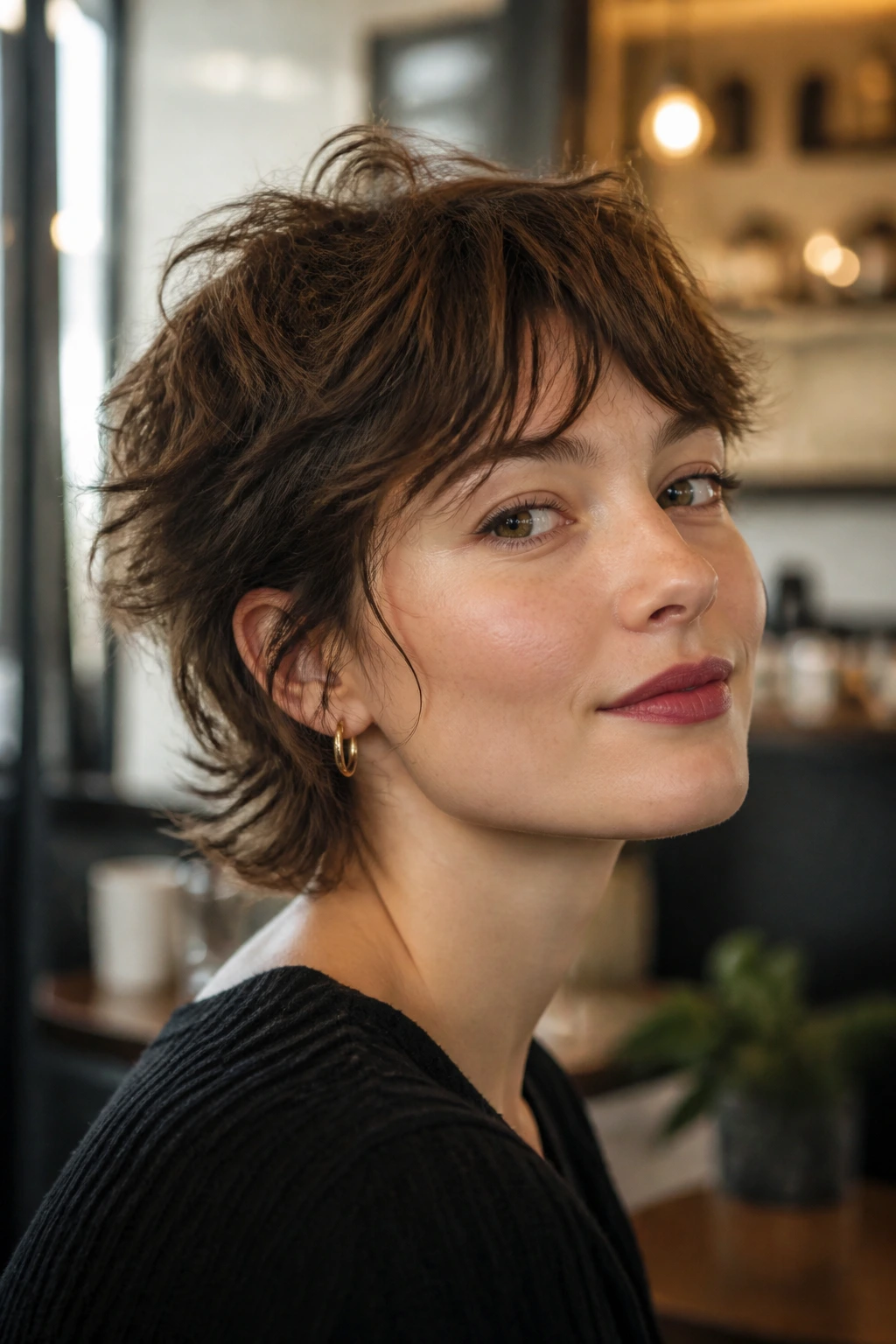 Close-up portrait of a woman with a short textured mini wolf cut