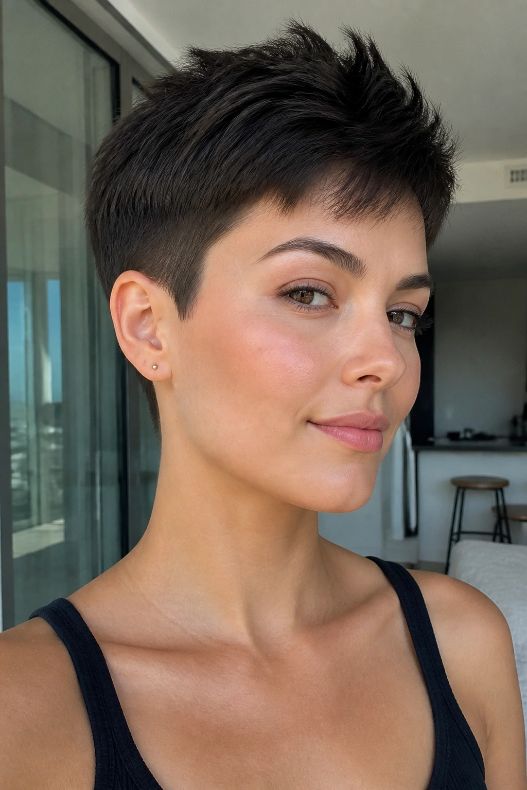 Close-up portrait of a real person with a minimal close crop pixie and hidden height on top.