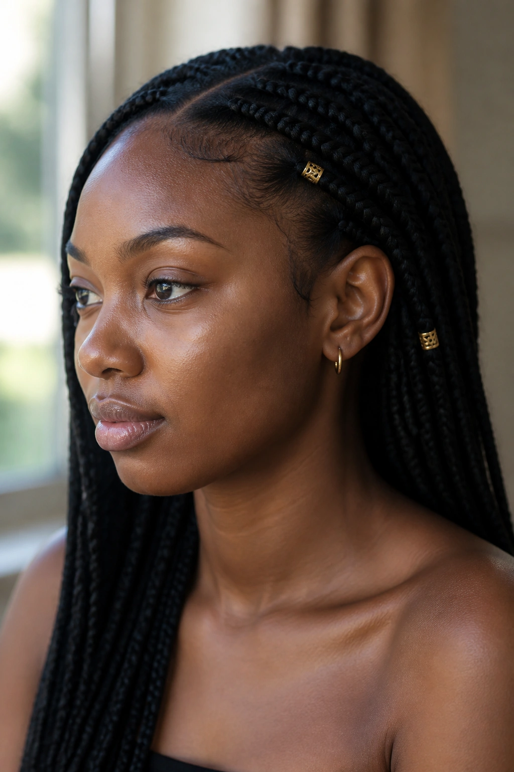 Close-up of a real woman's head showing two cuffs on two braids near temple and behind ear.