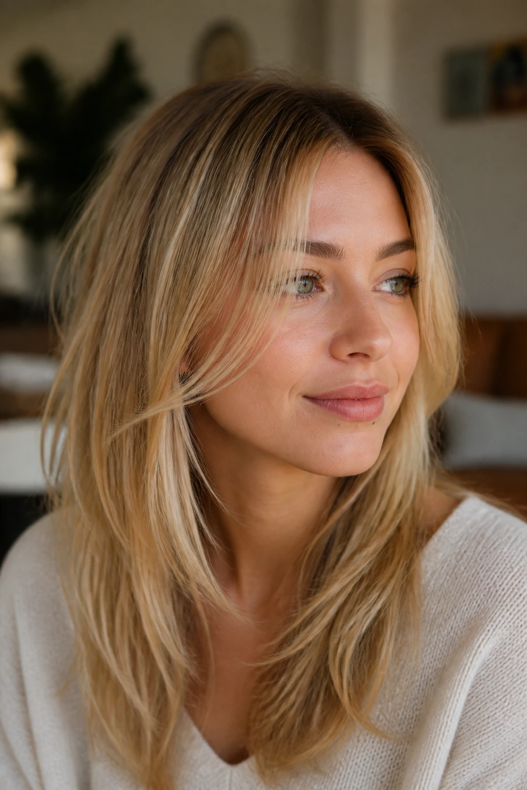 Close-up of minimal face framing layers for fine hair on a real woman