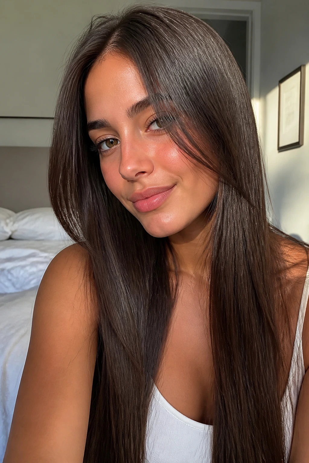 Close-up of a real woman with long straight hair and minimal face framing near the cheeks