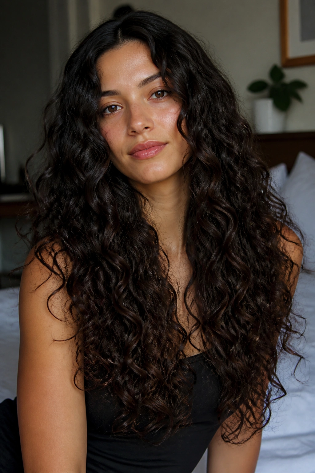 Real woman with minimal-layer long curly cut showing long, full curls