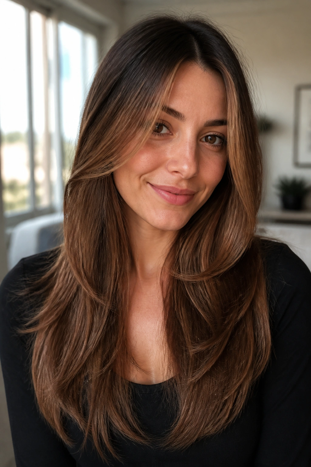 Close-up of long hair with minimal layers and a light face frame