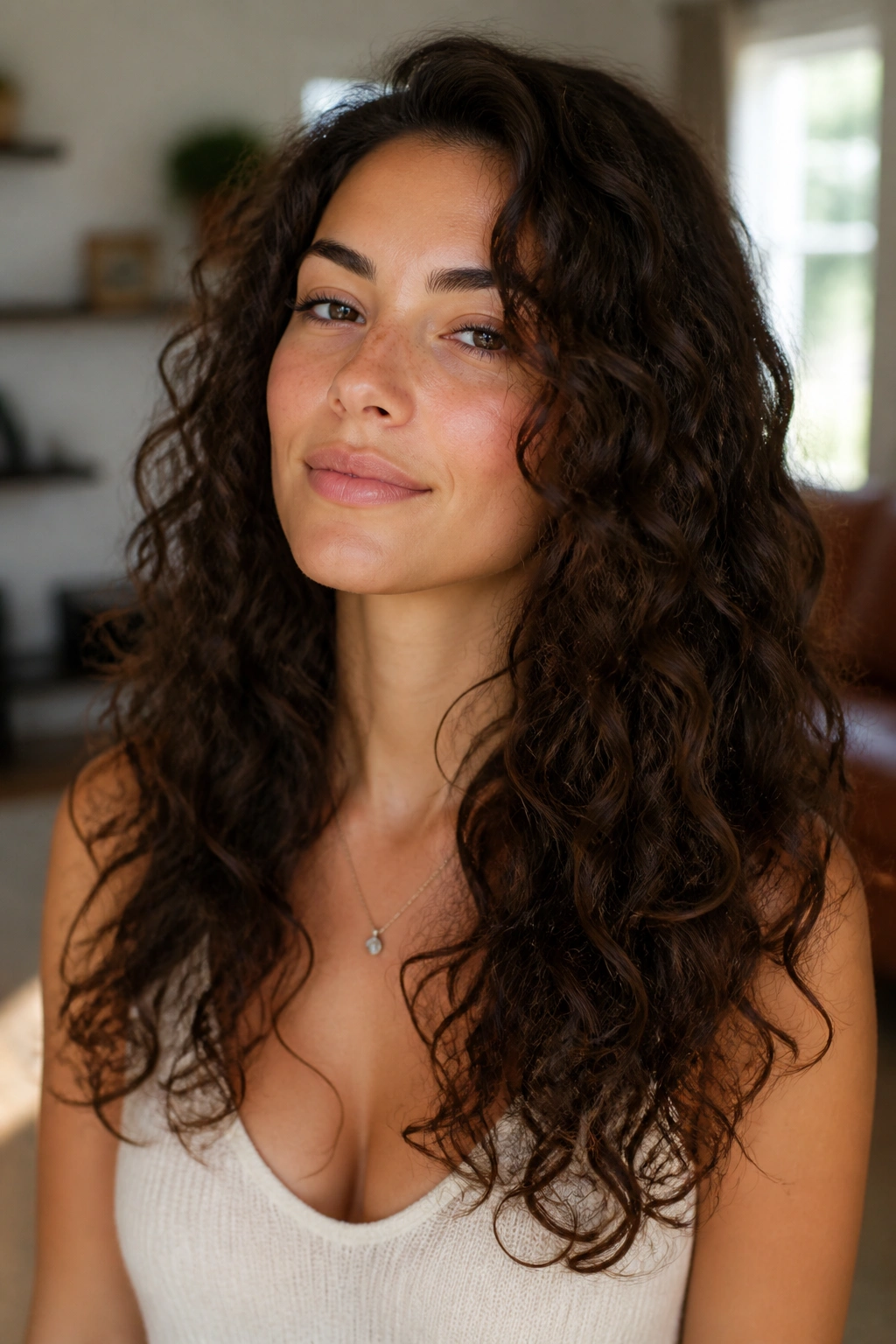 Woman with minimal layering on long curls in a bright living room