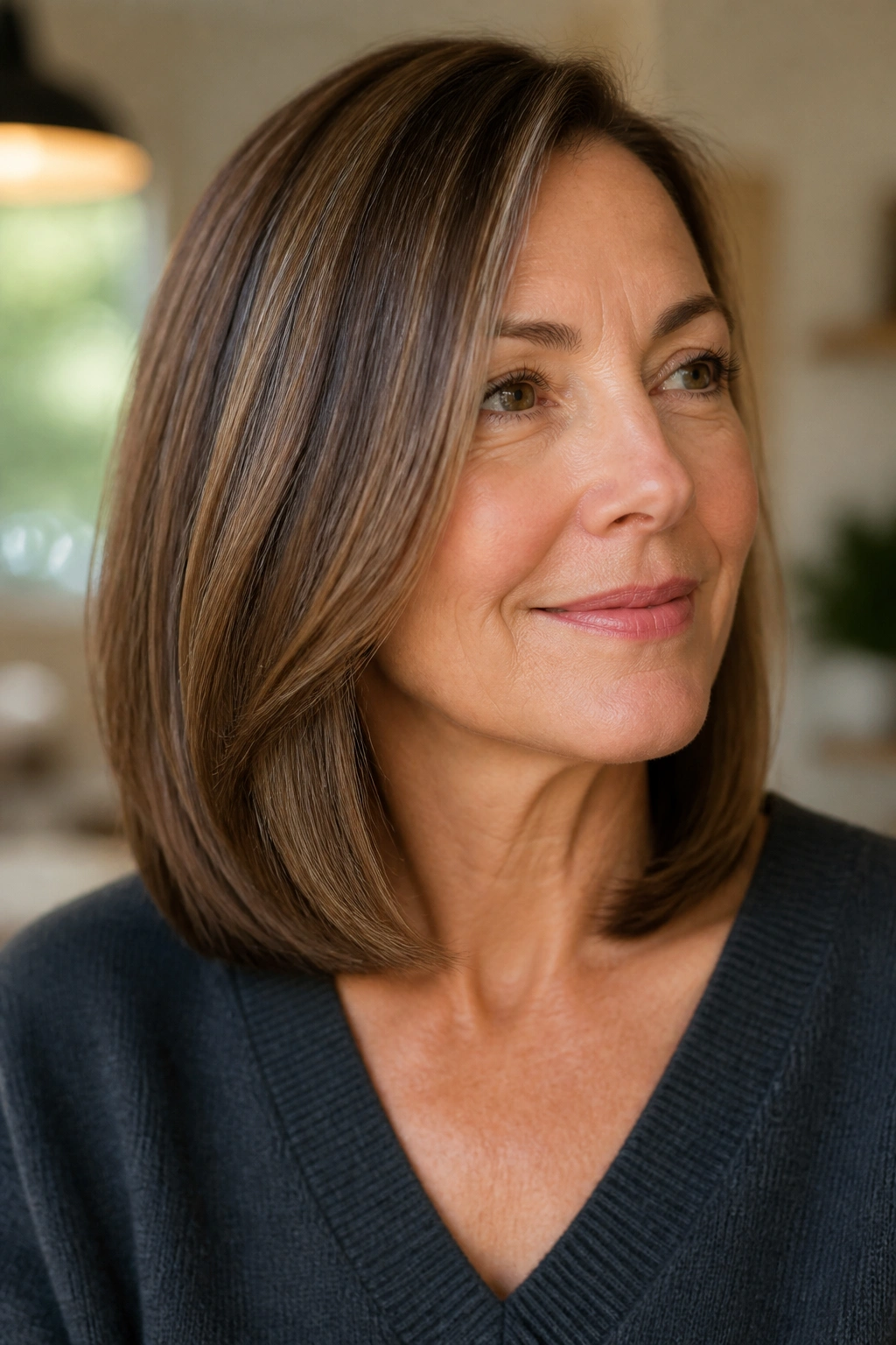 Close-up portrait of a real woman with minimal-layer polished medium cut