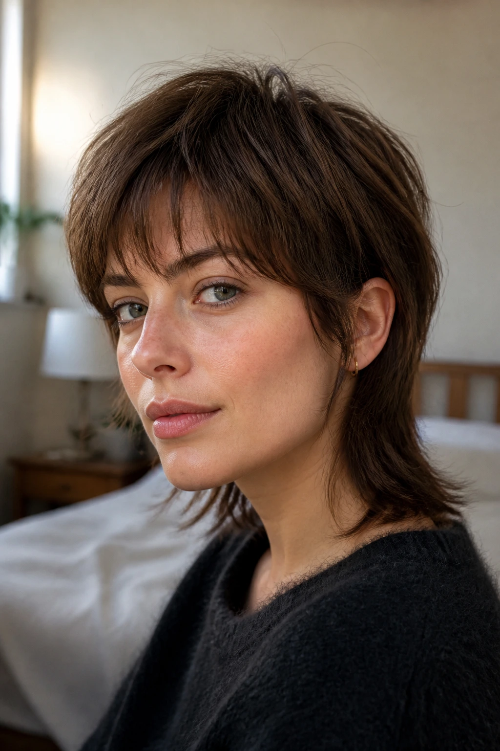 Close-up portrait of a real woman with a minimal-texture wolf cut, showing soft layers and tidy nape in natural light.