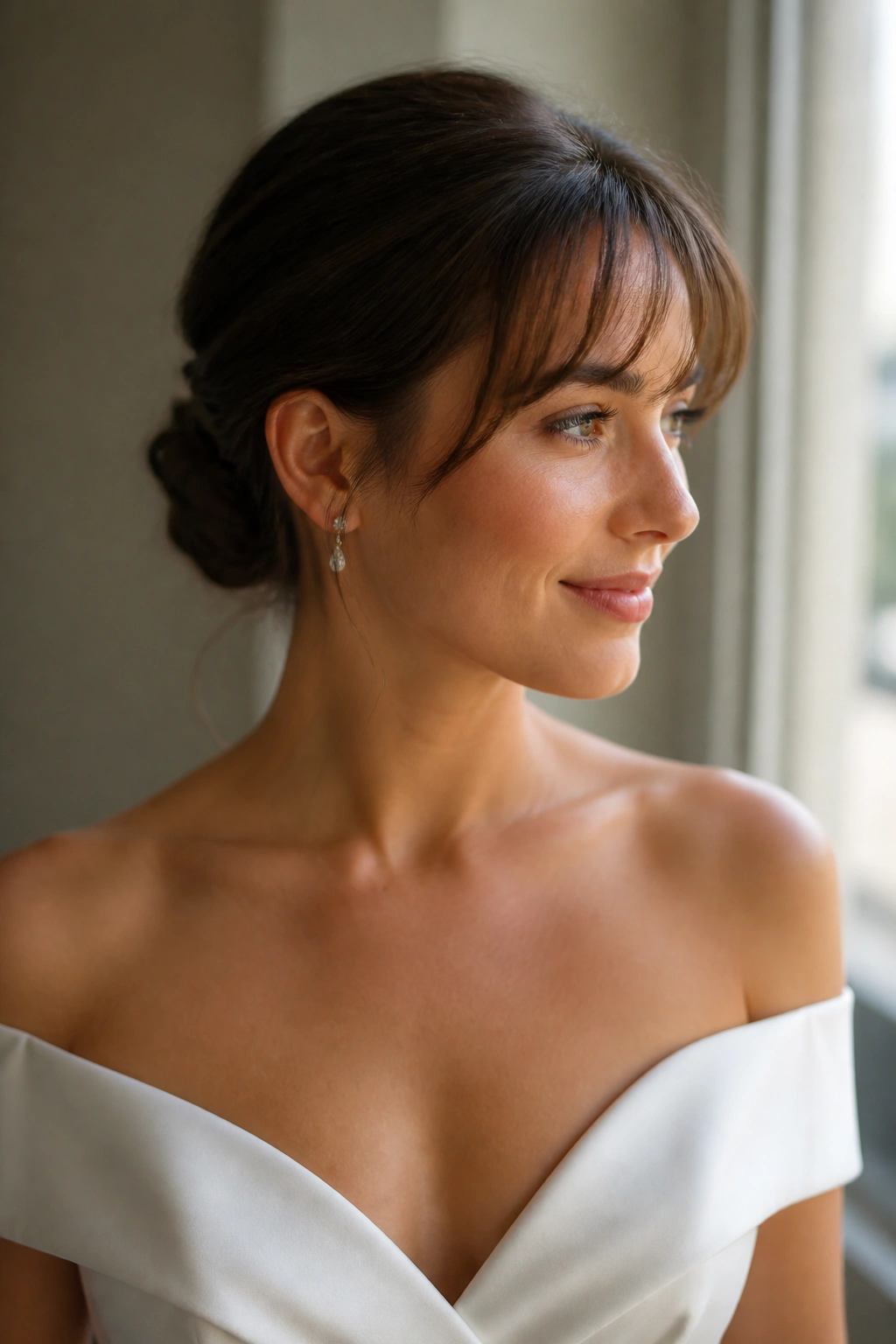 Bride with minimal tucked bun and airy bangs