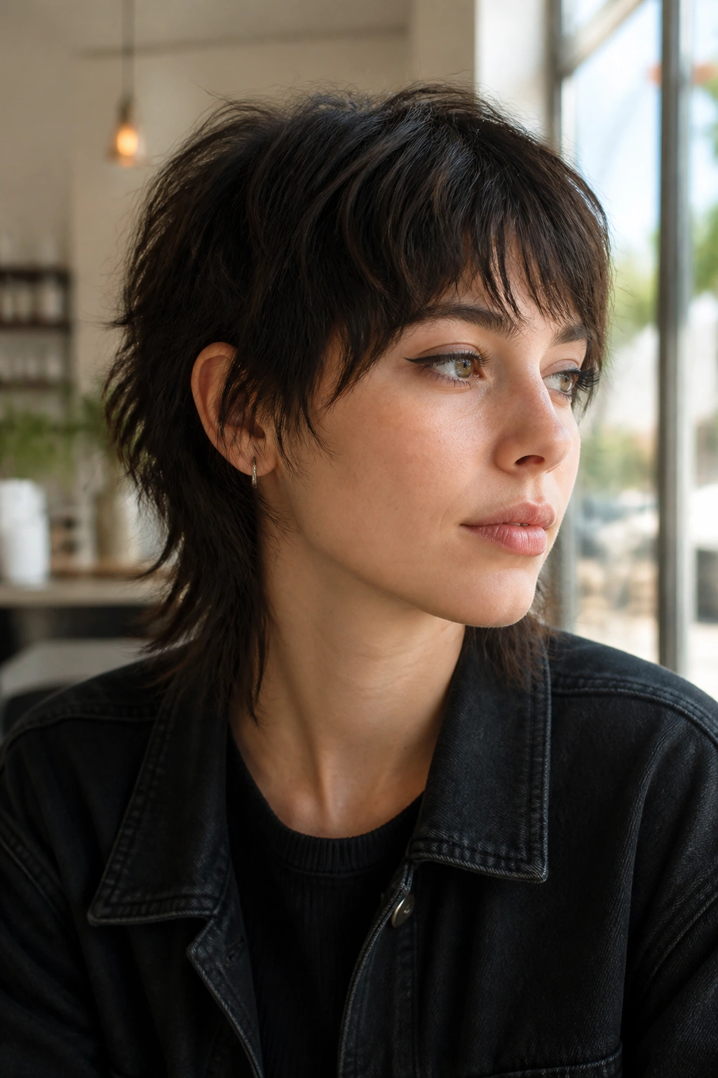 Close-up portrait of a real person with a minimal wolf cut mullet, soft crown, subtle layers, daylight setting.
