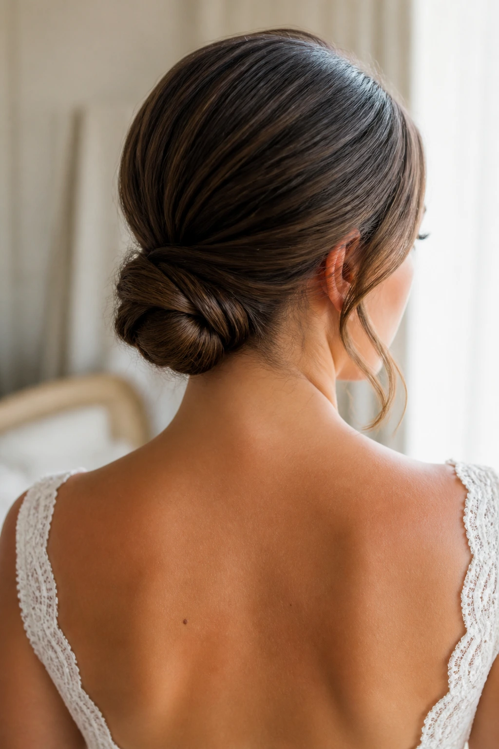 Back view of bride with a minimalist knot at the nape