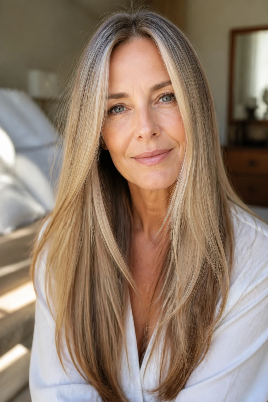 Close-up of a woman with minimalist long layers at the ends.