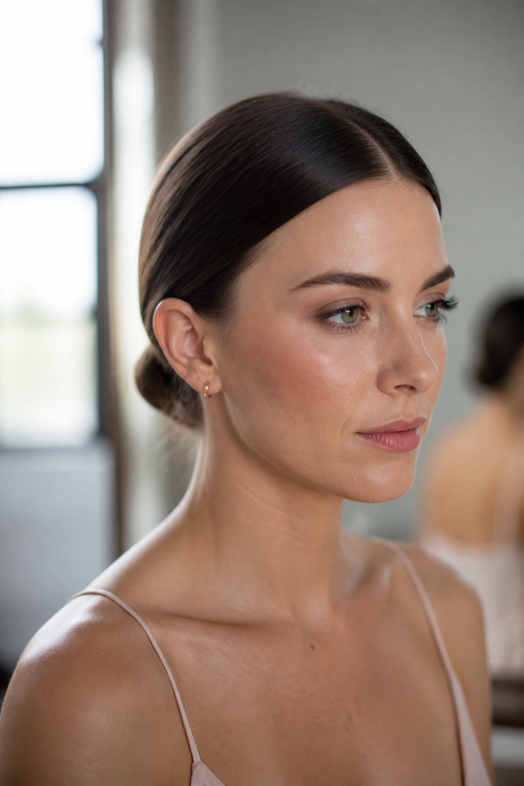 Real woman with minimalist low knot and middle part in a bridal prep room.