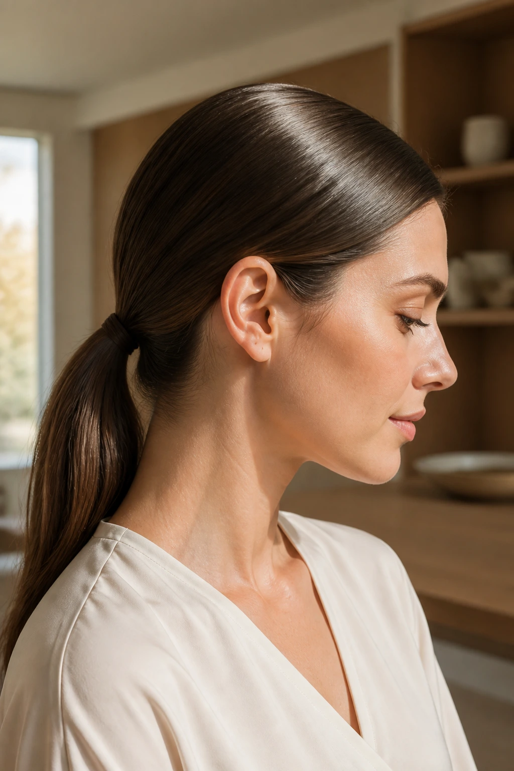 Portrait of a real woman with a minimalist sleek low pony