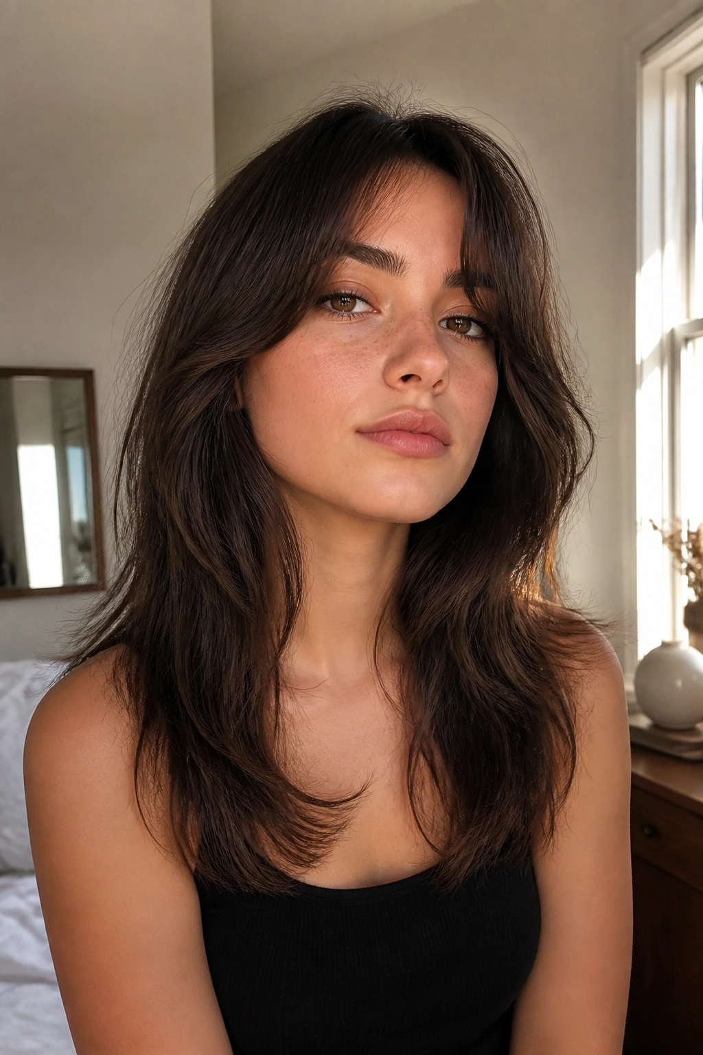 Close-up portrait of a real woman with minimalist long shag featuring tucked-in layers and collarbone-length shortest layers