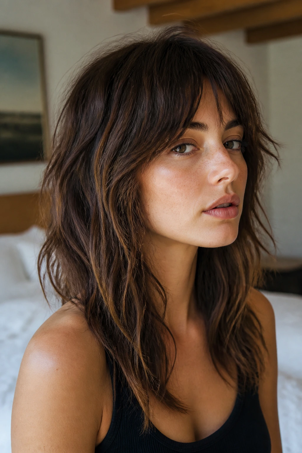 Close-up portrait of a real person with minimalist shag showing clean lines and few layers.