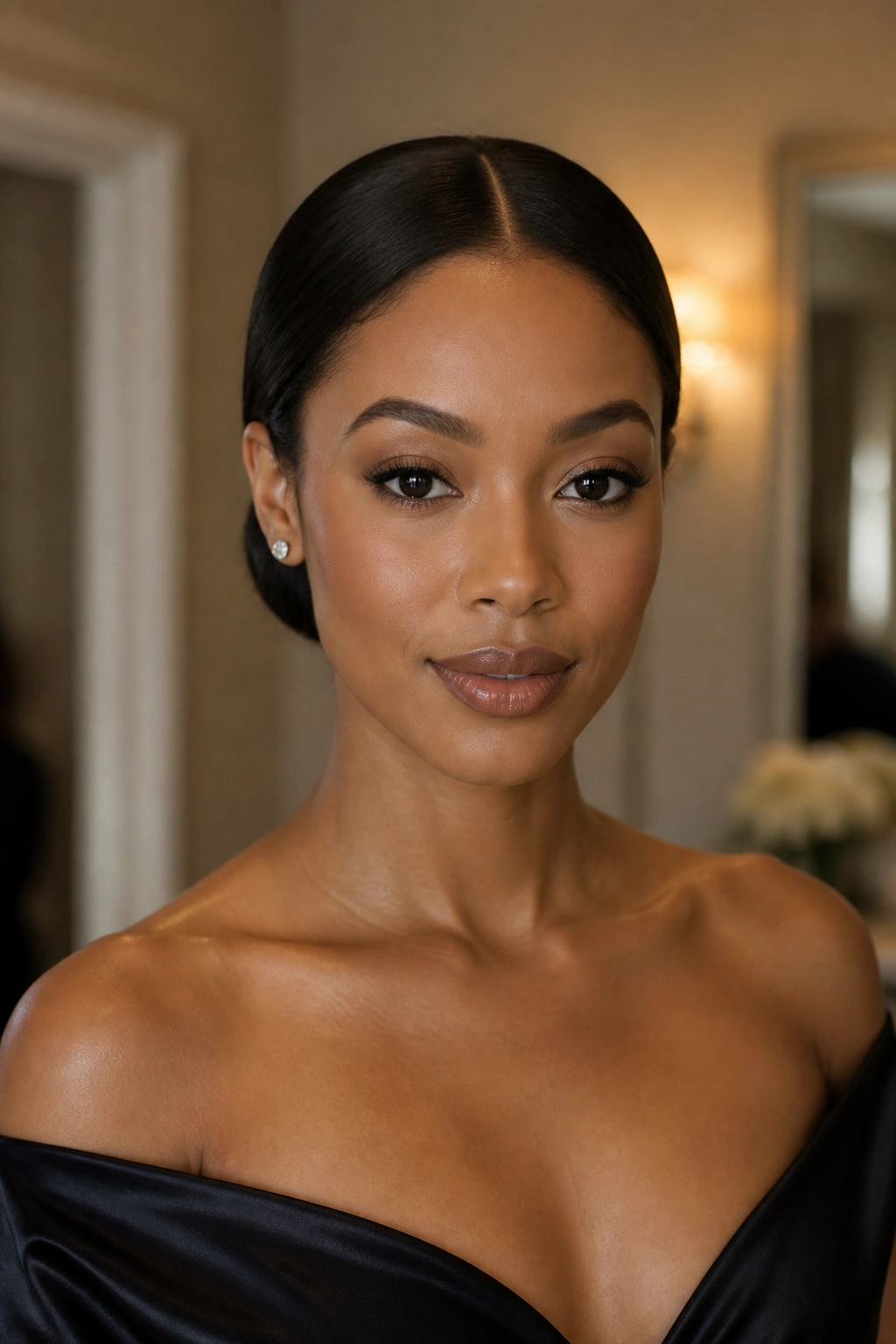 Close-up portrait of a real woman wearing The Minimalist Tucked Bun with a sleek low bun
