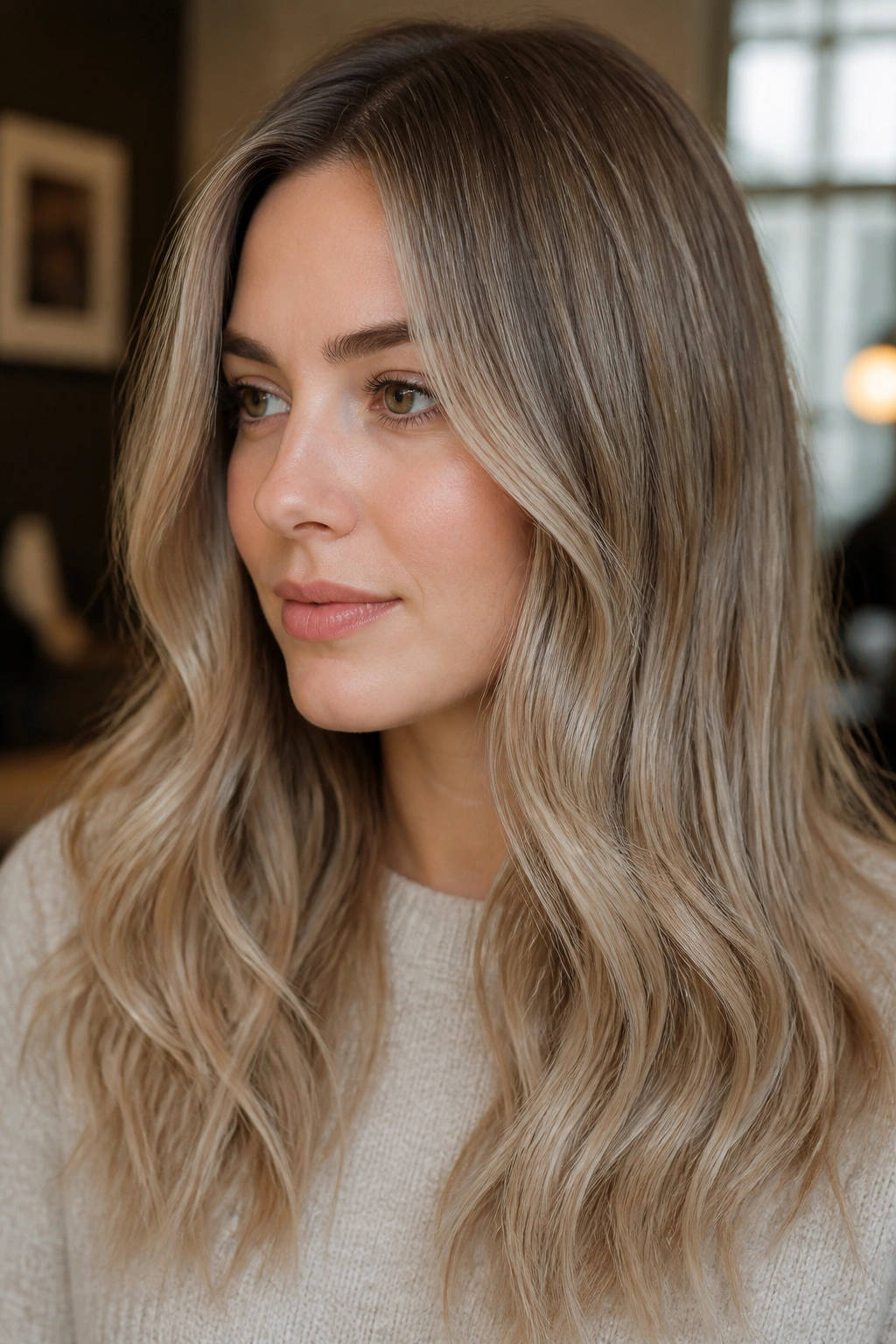 Close-up portrait of a real woman with mink blonde low-contrast hair and subtle root shadow