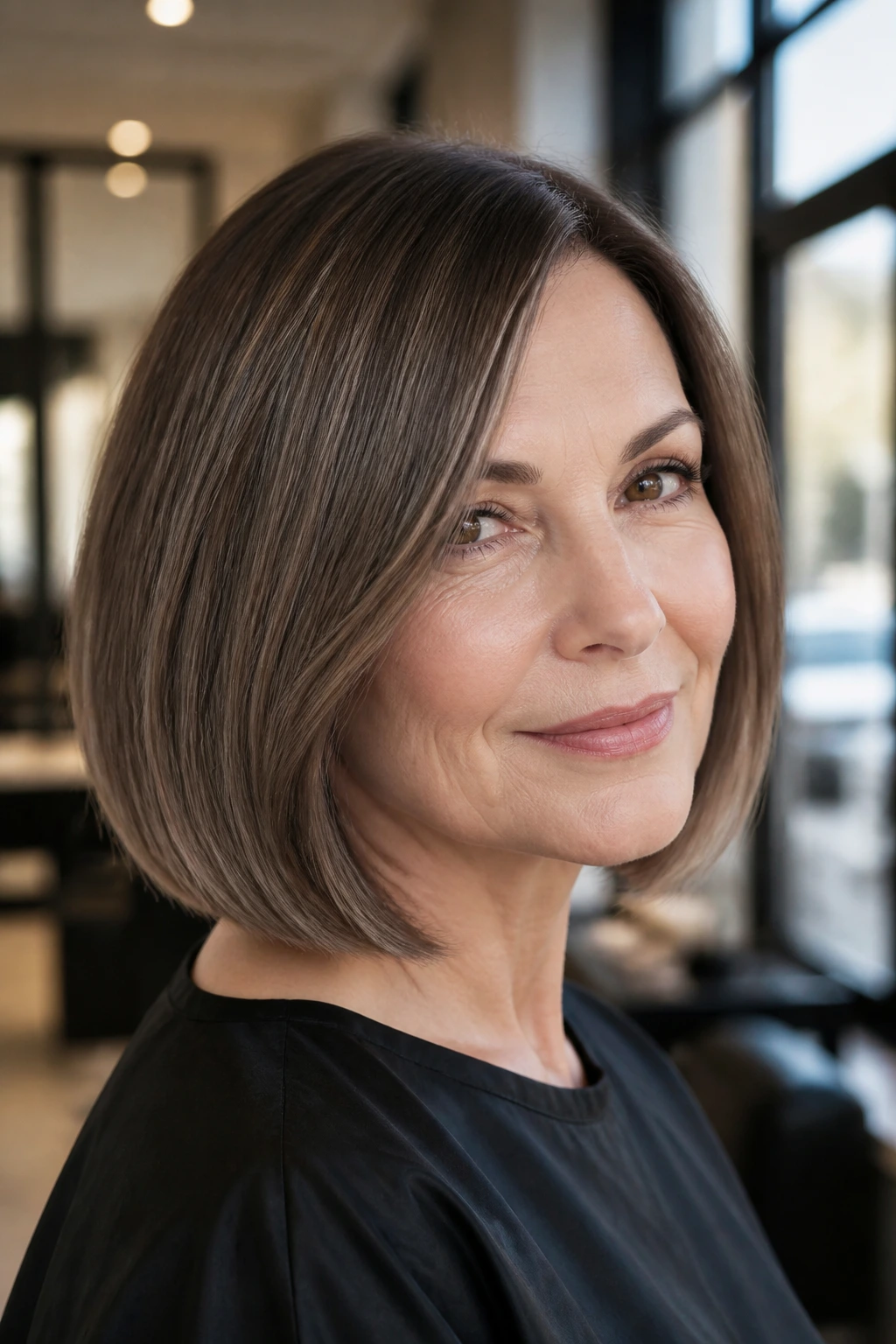 Close-up of a real woman's mink brown sleek bob under soft daylight
