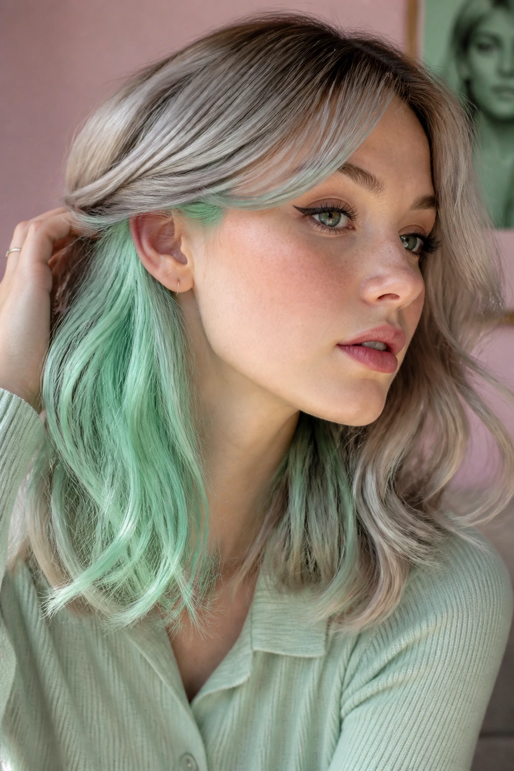 Close-up of a real person with icy mint green peekaboo hair.