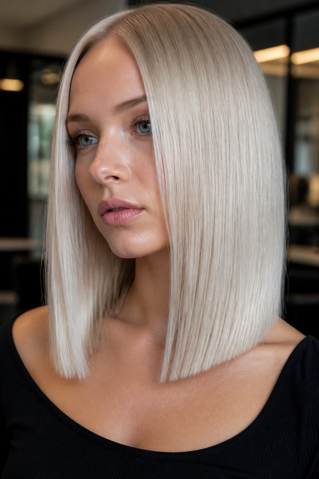 Close-up of a real woman with mirror-shine blonde showing a glassy, reflective finish.