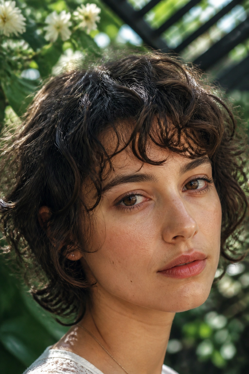 Real person with mixed-length fringe on a curly short hairstyle outdoors