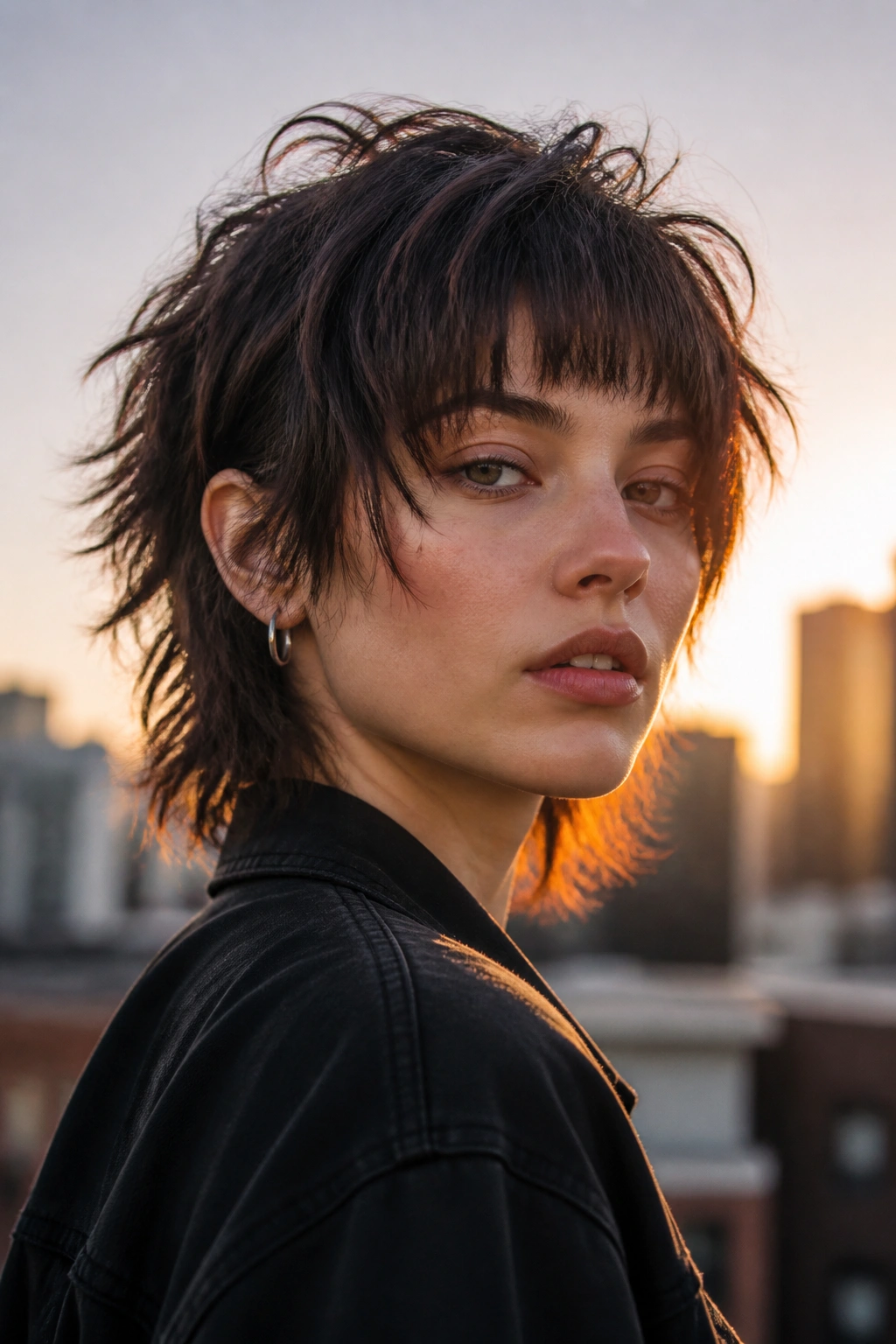 Portrait of a person with mixed-length fringe on a short wolf cut at golden hour