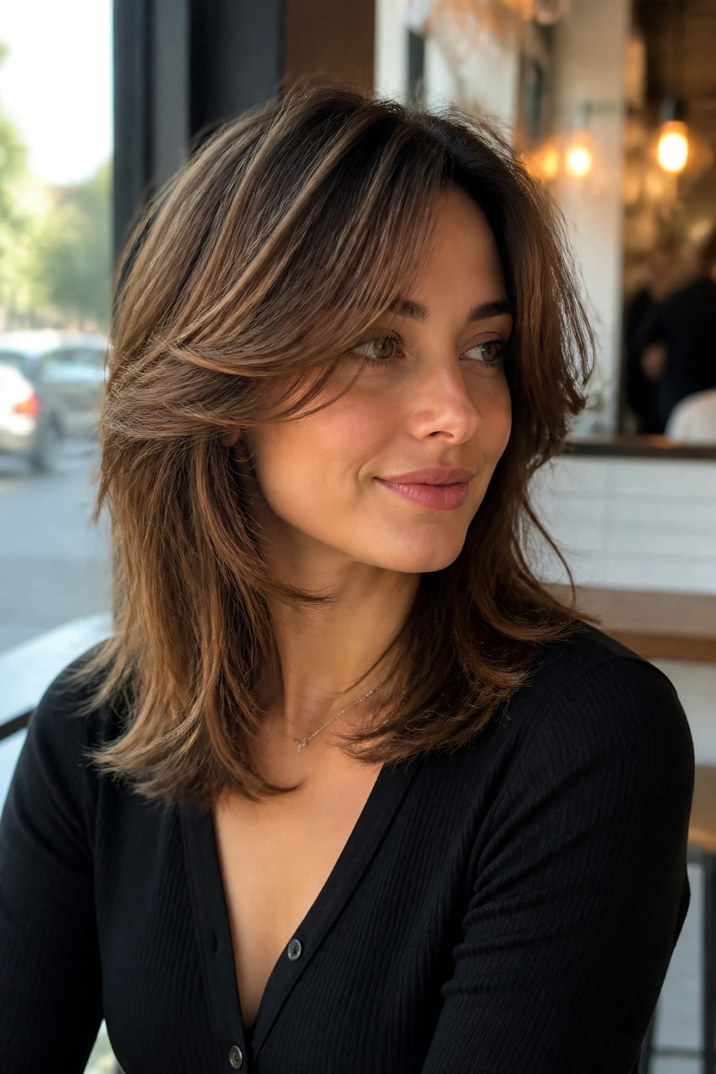 Close-up of real woman with mixed-length layers creating volume around the crown and sides