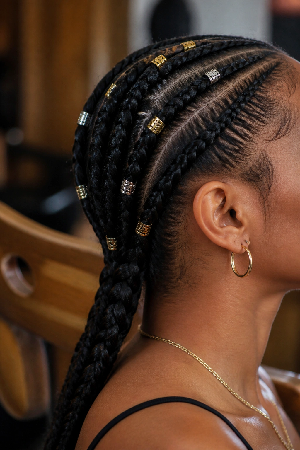 Close-up of a neat braid adorned with gold and silver cuffs
