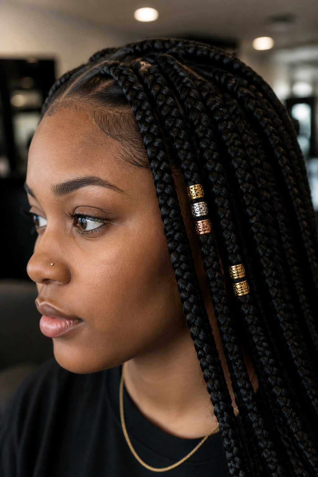 Real person with mixed metallic beads on box braids