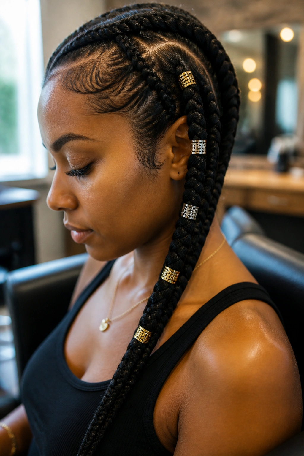 Close-up of a real woman's braid with mixed gold and silver cuffs in a salon.