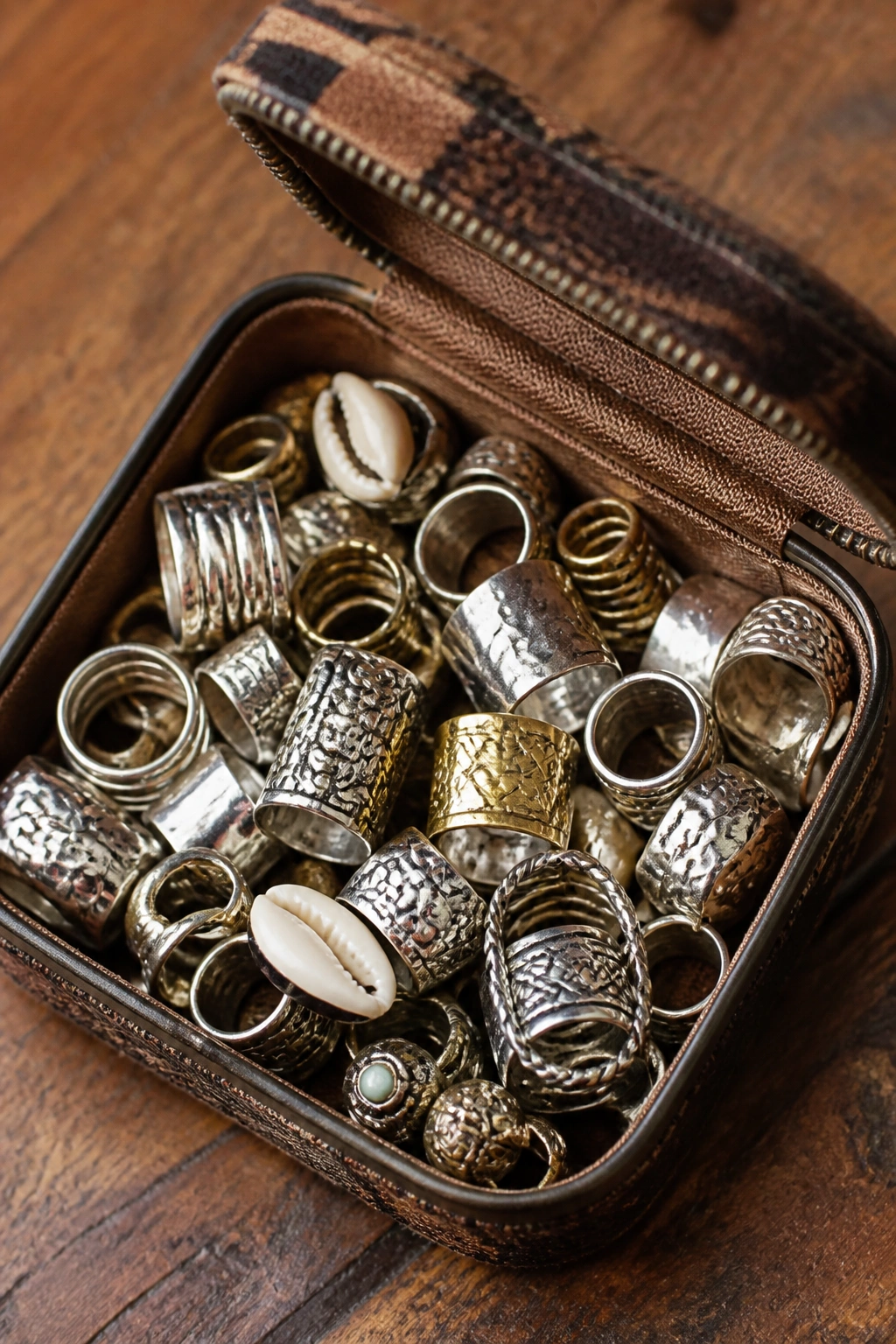 Open tin with mixed boho rings on a wooden surface