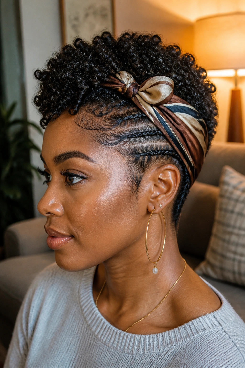 Close-up of a real woman with mixed textures: braided side, coils on crown, satin scarf around the head