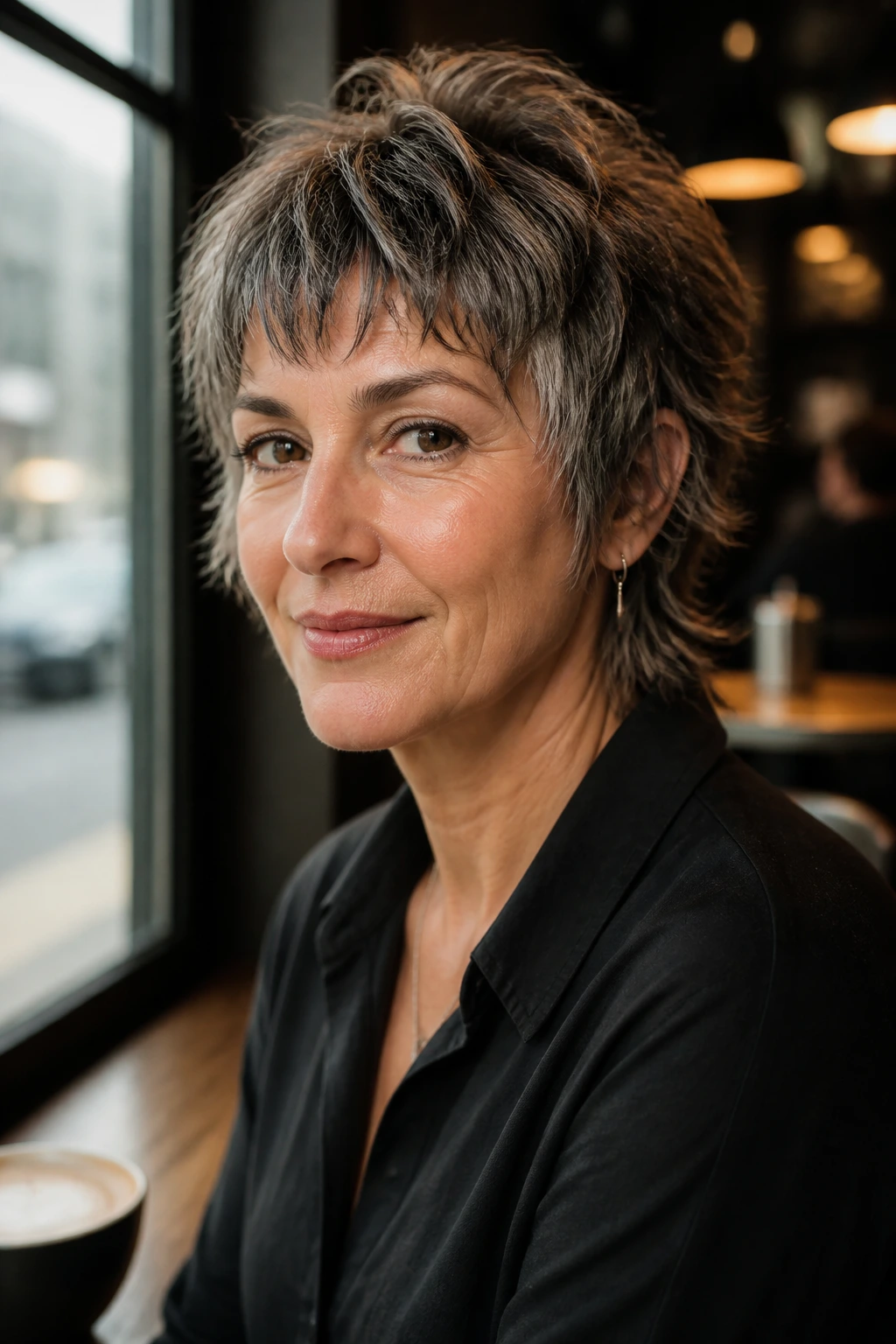 Real woman over 40 with mixie cut in cafe window light