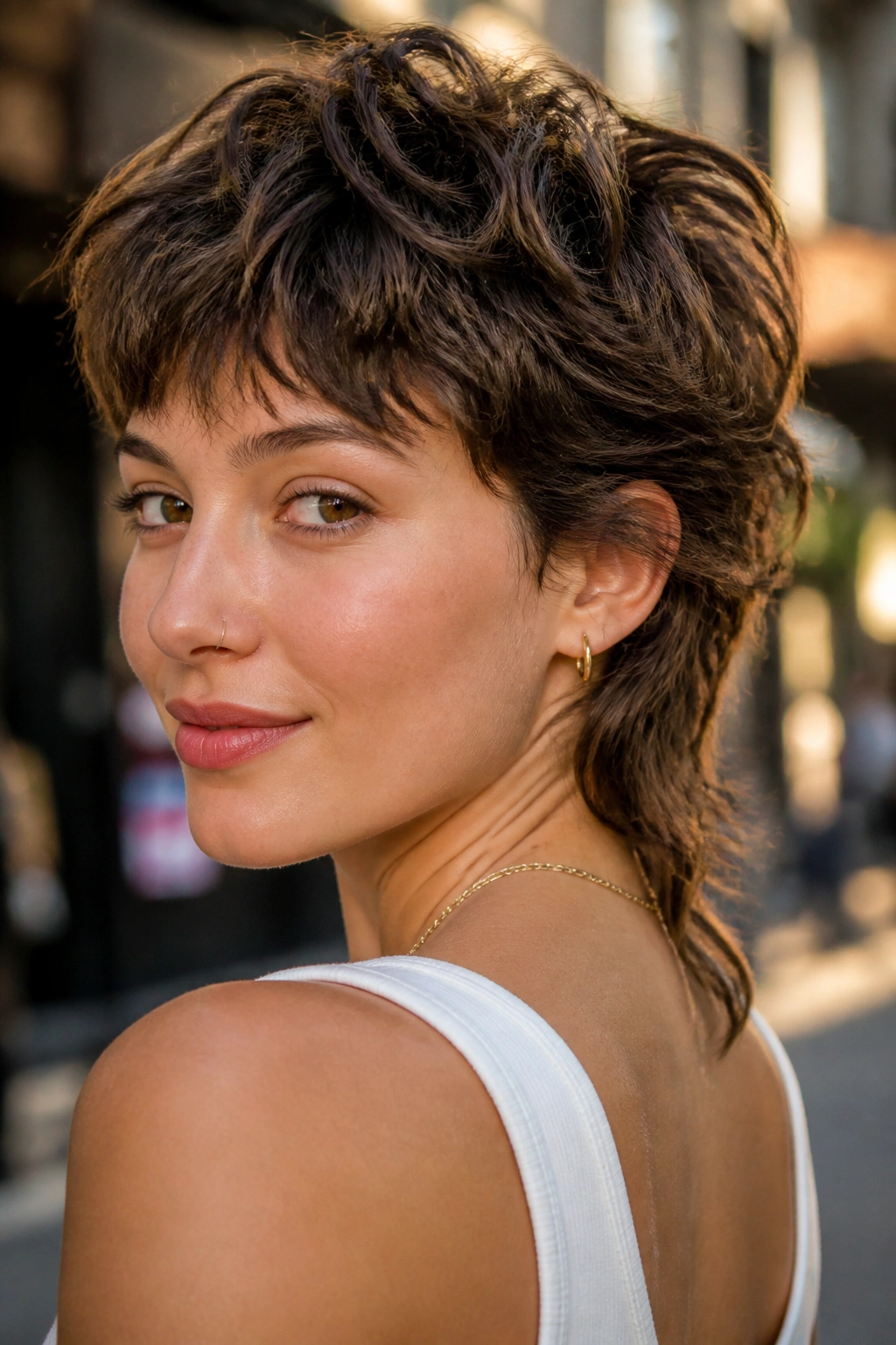 Portrait of a woman with a mixie haircut showing short front and longer back.