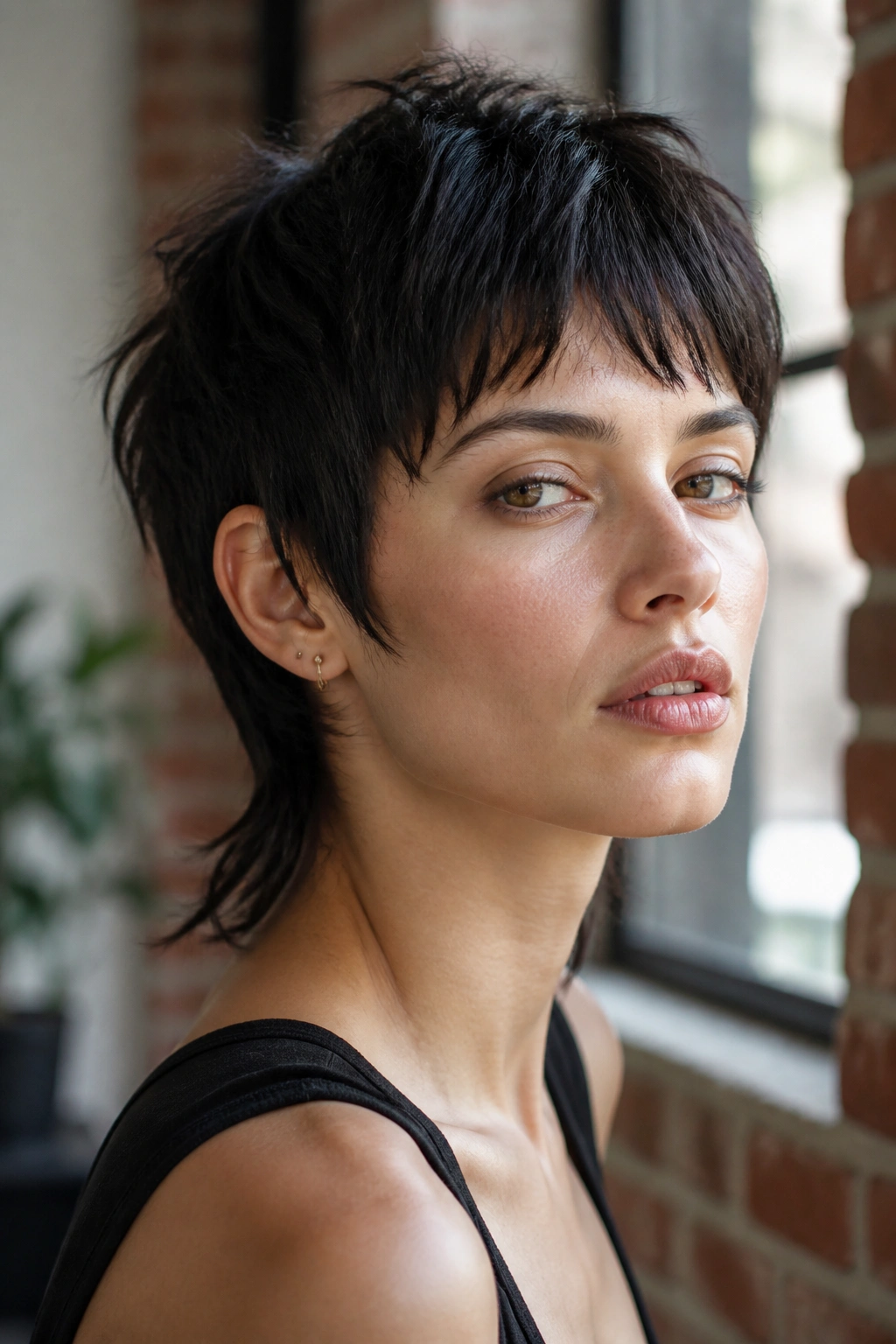 Close-up of a real woman with a mixie cut featuring short sides and longer back, in an urban loft
