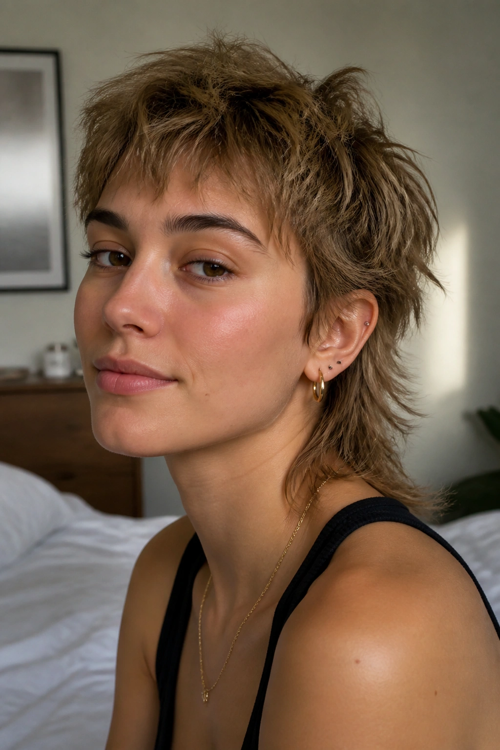 Close-up portrait of a person with a mixie cut showing short top and longer back.