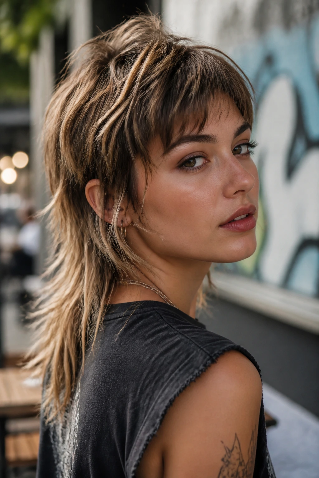 Close-up of a real woman with a mixie cut showing short top and longer back