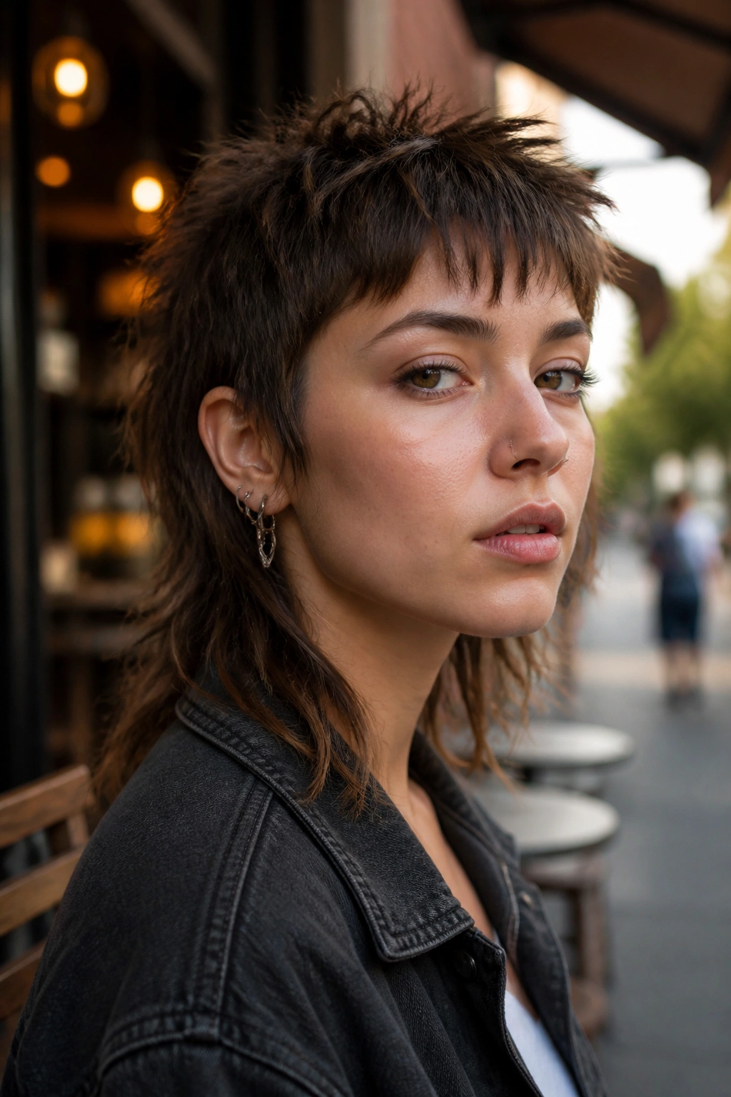 Close-up of real person with mixie cut hairstyle