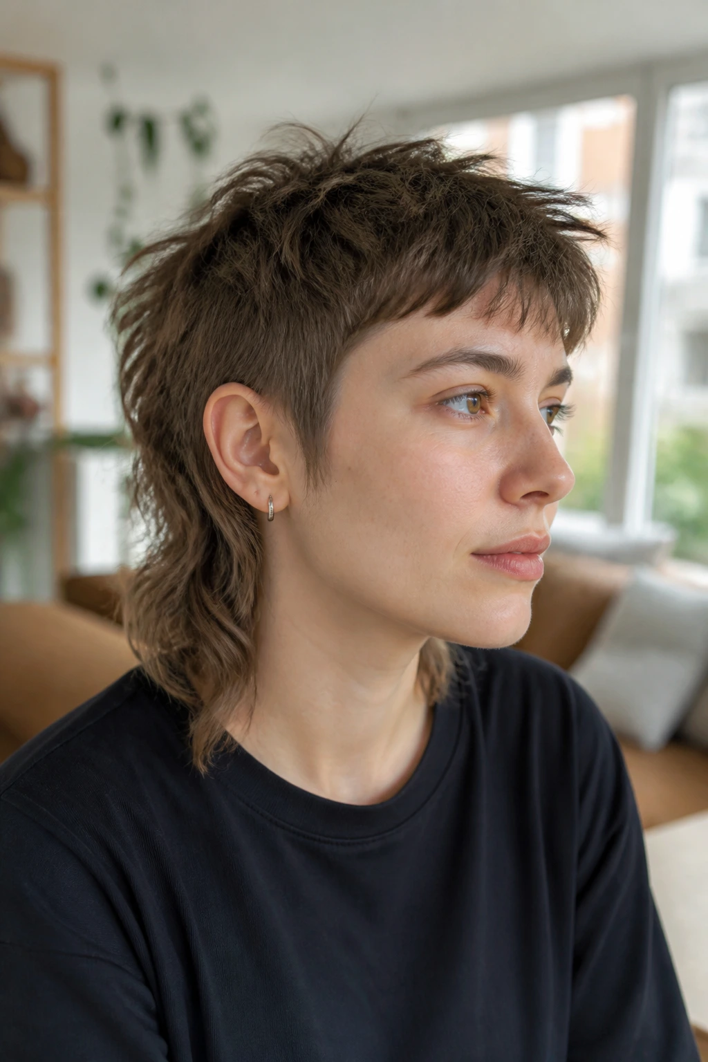 Close-up portrait of a real person showing a mixie hairstyle with short crown and longer back.