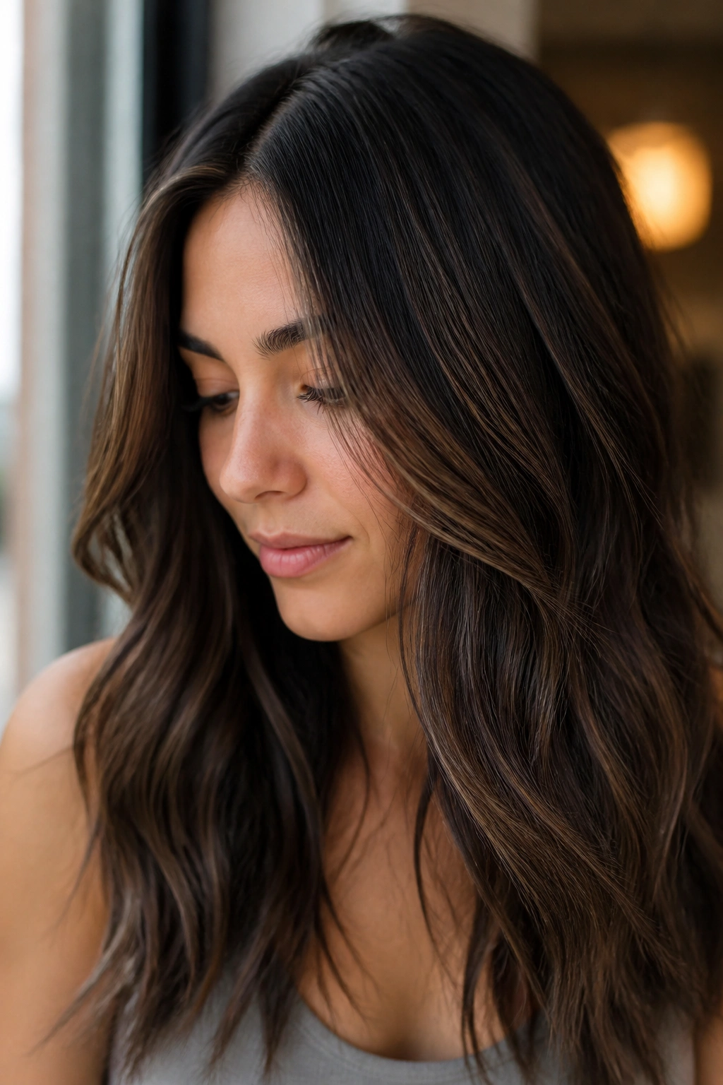 Brunette with deep mocha babylights close-up.