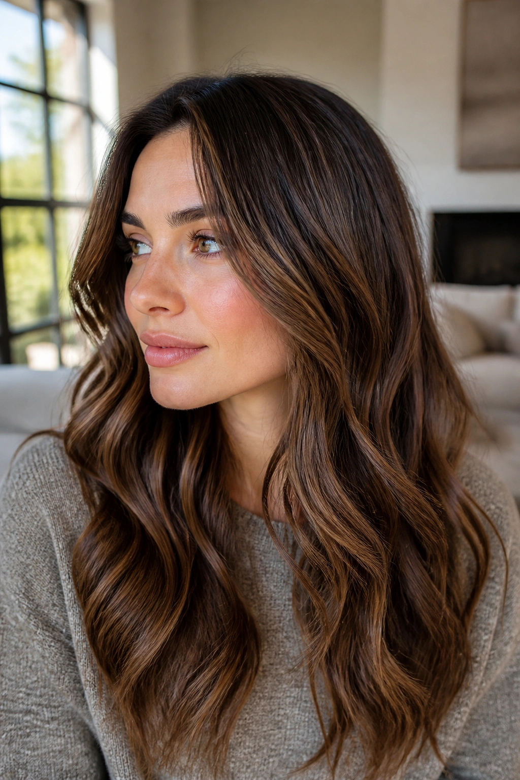 Brunette with mocha babylights in soft waves catching light